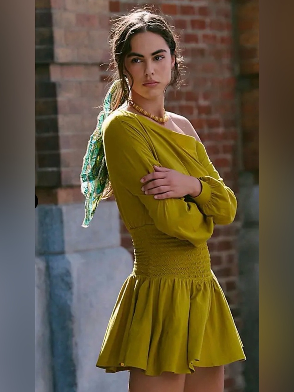 FREE PEOPLE Mustard Yellow Long Sleeve Smocked Waist Mini Dress MEDIUM